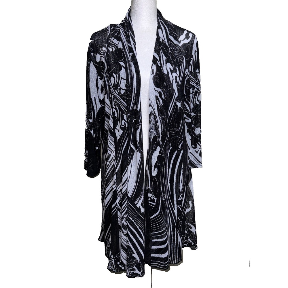 Creation XL Abstract Monochrome Mesh Cardigan Graphic Swirl Art-to-Wear Sheer